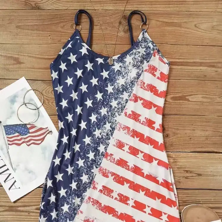 Ladies' V-neck American Flag Star Striped Pocket Shoulder Strap Mini Dress, Independence Day Dress - SJB-DIAMOND ELITES