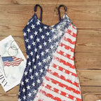 Ladies' V-neck American Flag Star Striped Pocket Shoulder Strap Mini Dress, Independence Day Dress - SJB-DIAMOND ELITES