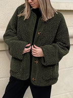 Modern Cozy Women Luxuriously Cozy Contrast Button Up Sherpa Jacket with Pockets For Fall & Winter Stevvex