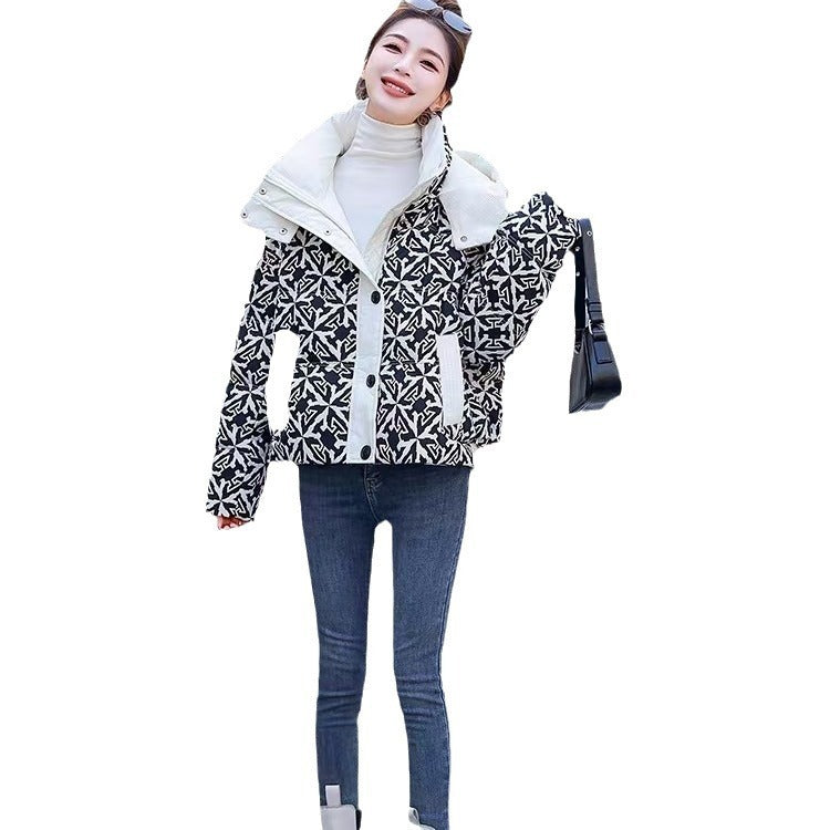 Printed Hooded Down Jacket Women's Short Pi-Mart