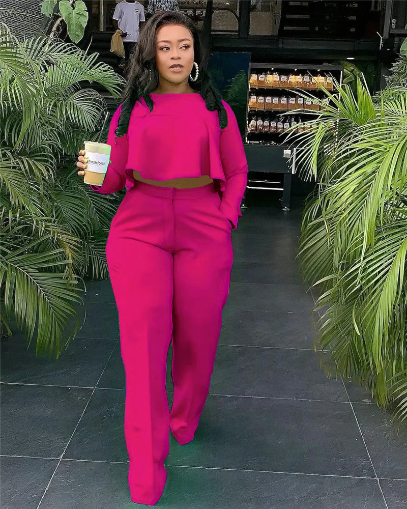 Elegant Work Wear Two Piece Set Fall Clothes for Women Ruffles Crop Top and Wide Leg Pants Suits Matching Sets Sexy Club Outfits Purplish Diva