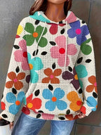 Floral Print Textured Drawstring Hoodie THRIXINE