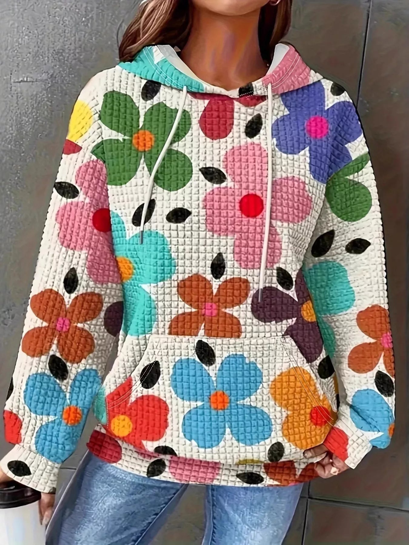 Floral Print Textured Drawstring Hoodie THRIXINE