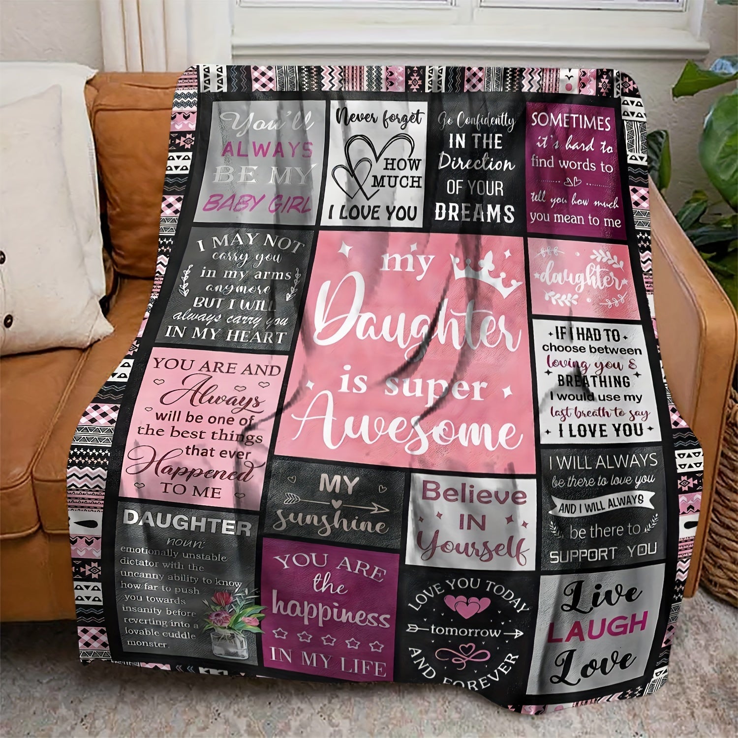 1pc Gifts Blanket For Daughter Stitching Letter Soft Blanket Flannel Blanket Warm Cozy Nap Throw Blanket For Bed Sofa Couch Lootquake LLC