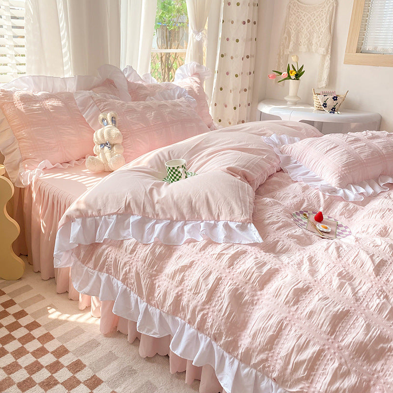 Solid Color Four-piece Quilt Cover Bed Skirt Bedding Set Pi-Mart