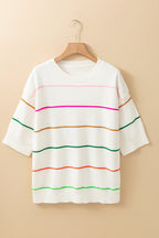 White Striped Half Sleeve Drop Shoulder Sweater - Femstylo