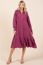 Mineral Wash Cotton Gauze Ruffle Midi Shirt Dress For Women – Casual and Feminine Button-Down Dress with Ruffle Details