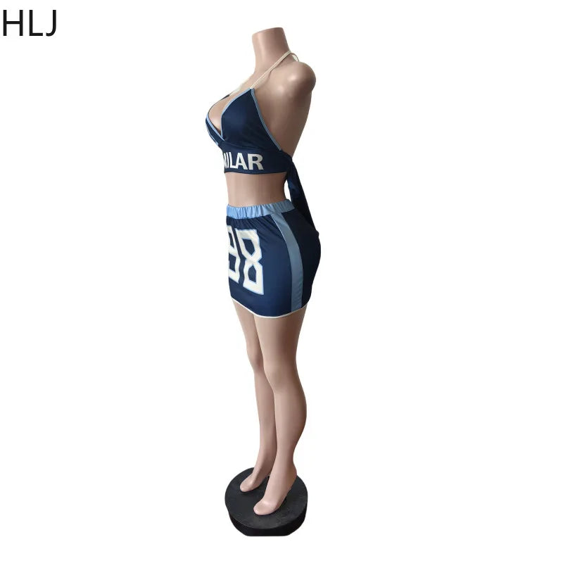 HLJ Blue Sexy Y2K Letter Printing Mini Skirts Two Piece Sets Women Halter V Neck Bangage Slim Crop Top And Skirts Outfits 2025 Purplish Diva