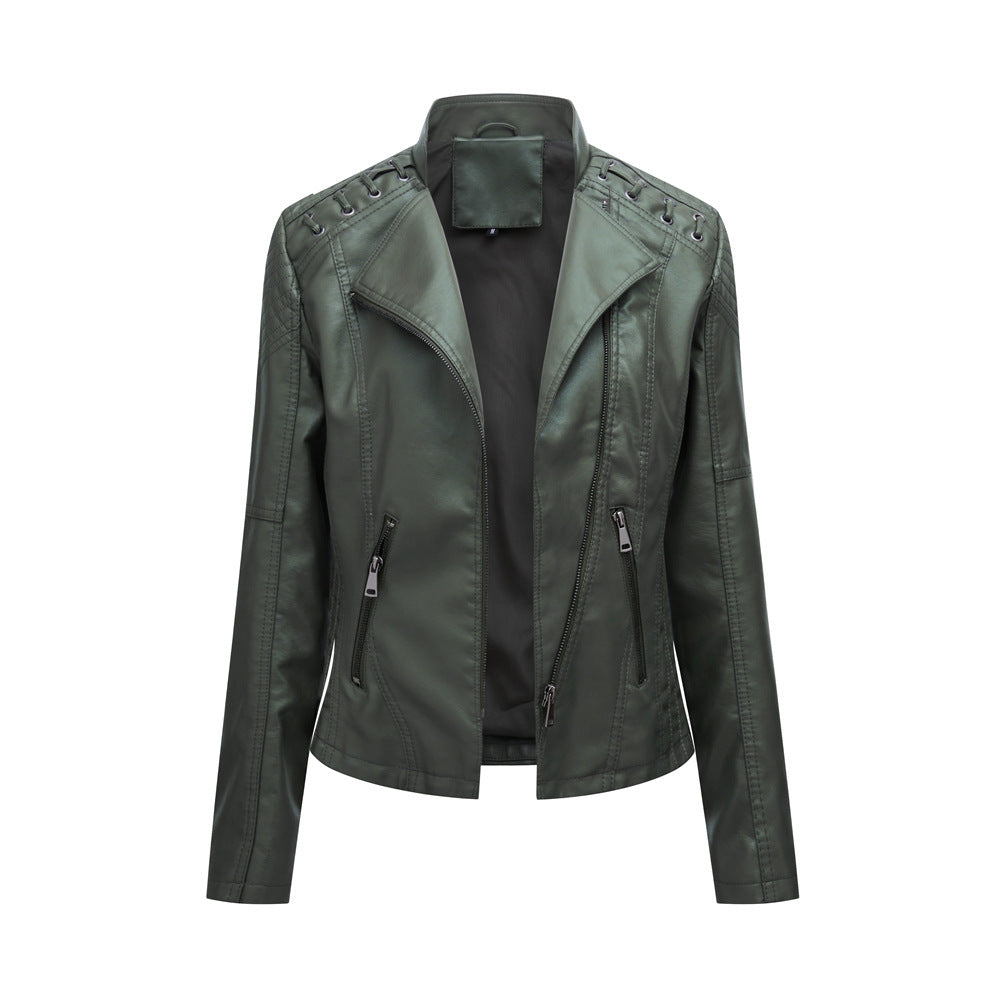 Pi-Mart Women's PU Leather Motorcycle Jacket - Slim Fit Short Biker Jacket with Lapel Collar (S-XXXL)