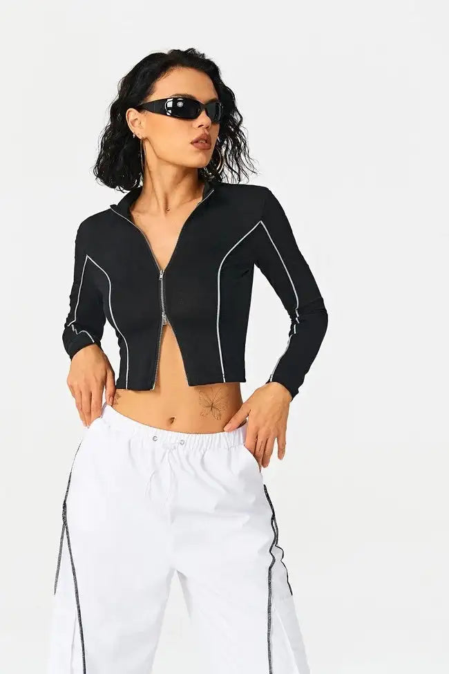 2023 Women's Contrasting Color Line Standing Collar Wears Knitted Shirts - SJB-DIAMOND ELITES