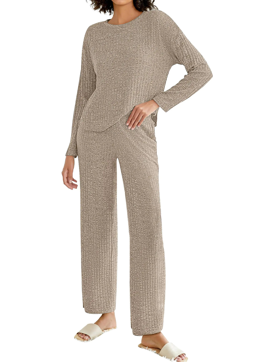 NORACORA Pajamas for Women Set Two Piece Lounge Set Long Sleeve Top Cute Pj Pants Casual Matching Pajamas Sweater Knit Sets Khaki M Lootquake LLC