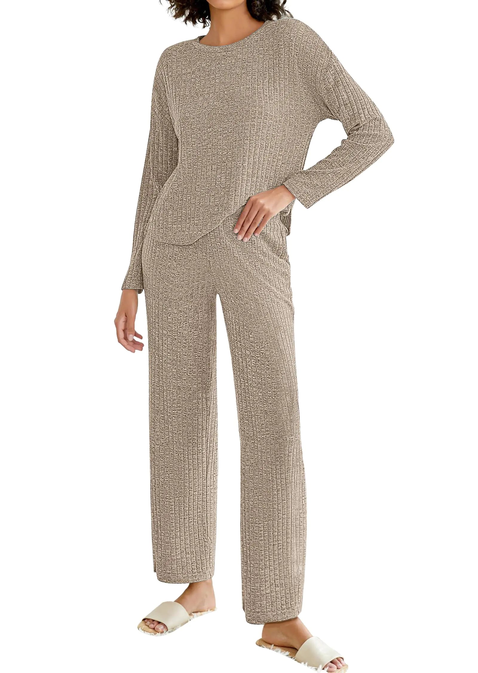 NORACORA Pajamas for Women Set Two Piece Lounge Set Long Sleeve Top Cute Pj Pants Casual Matching Pajamas Sweater Knit Sets Khaki M Lootquake LLC