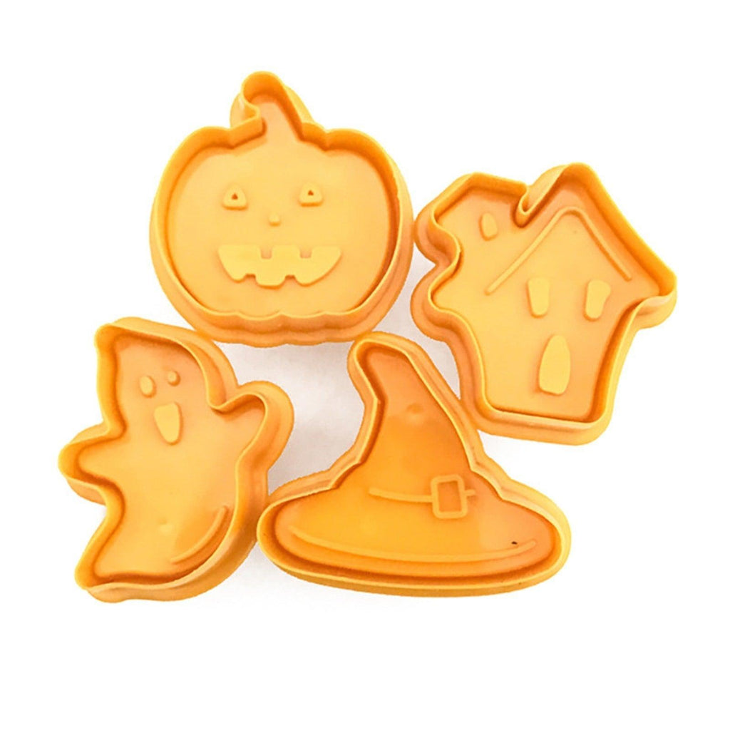 4pcs Halloween Cookie Plunger Cutter 3D Baking Mold Cookie Stamp Biscuit Mold Fondant Cake Decorating Tools Halloween Cookie Cutters Set Fondant Stamper Pastry Cutter Haunted House Hat Ghost Pumpkin Kitchen Molds Stevvex
