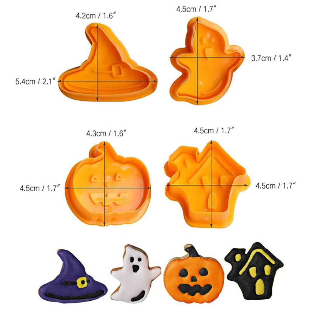 4pcs Halloween Cookie Plunger Cutter 3D Baking Mold Cookie Stamp Biscuit Mold Fondant Cake Decorating Tools Halloween Cookie Cutters Set Fondant Stamper Pastry Cutter Haunted House Hat Ghost Pumpkin Kitchen Molds Stevvex