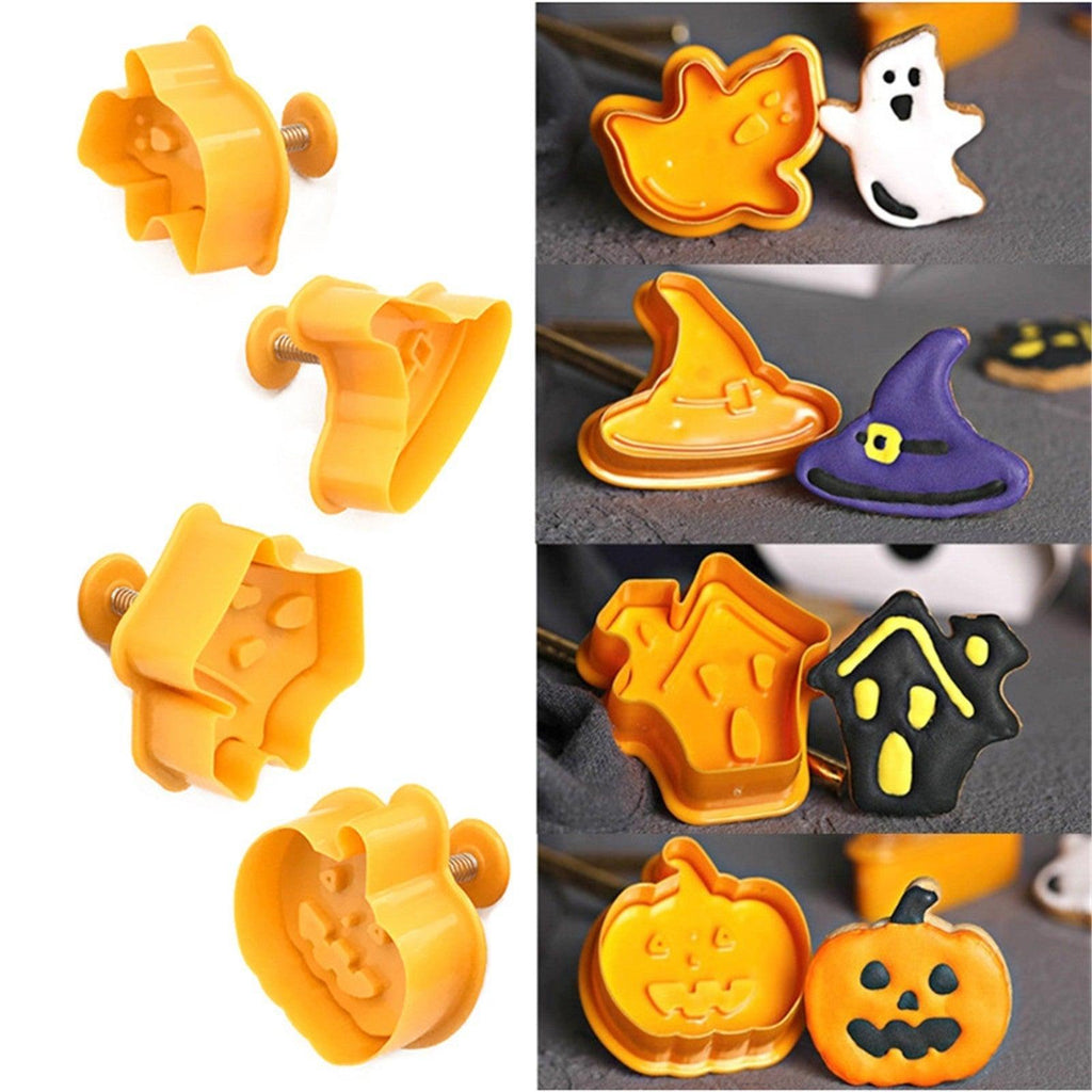 4pcs Halloween Cookie Plunger Cutter 3D Baking Mold Cookie Stamp Biscuit Mold Fondant Cake Decorating Tools Halloween Cookie Cutters Set Fondant Stamper Pastry Cutter Haunted House Hat Ghost Pumpkin Kitchen Molds Stevvex
