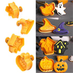 4pcs Halloween Cookie Plunger Cutter 3D Baking Mold Cookie Stamp Biscuit Mold Fondant Cake Decorating Tools Halloween Cookie Cutters Set Fondant Stamper Pastry Cutter Haunted House Hat Ghost Pumpkin Kitchen Molds Stevvex