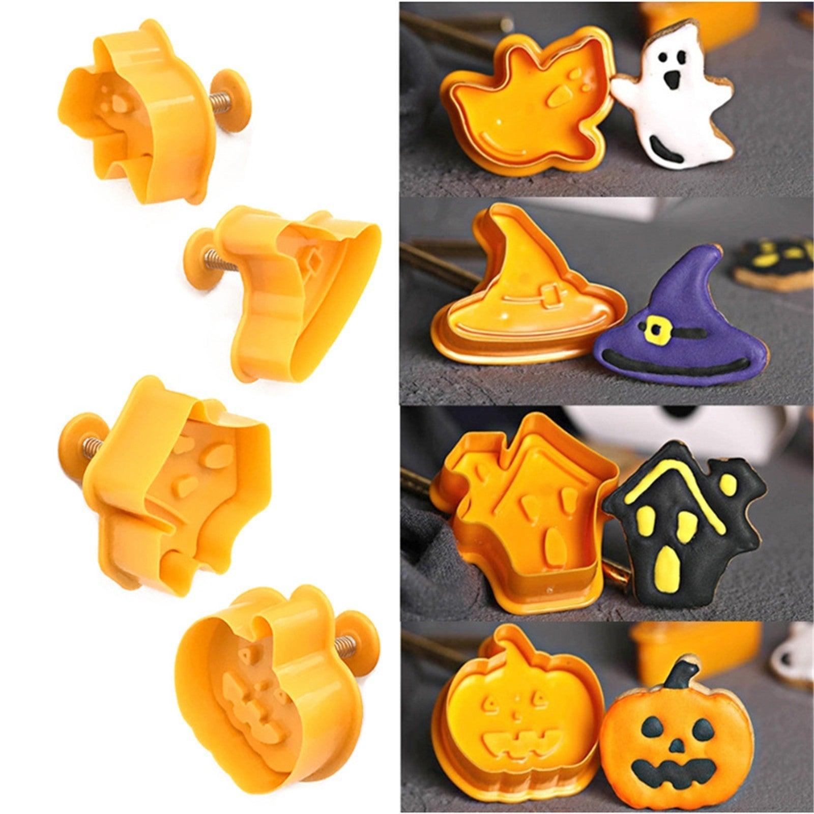 4pcs Halloween Cookie Plunger Cutter 3D Baking Mold Cookie Stamp Biscuit Mold Fondant Cake Decorating Tools Halloween Cookie Cutters Set Fondant Stamper Pastry Cutter Haunted House Hat Ghost Pumpkin Kitchen Molds Stevvex