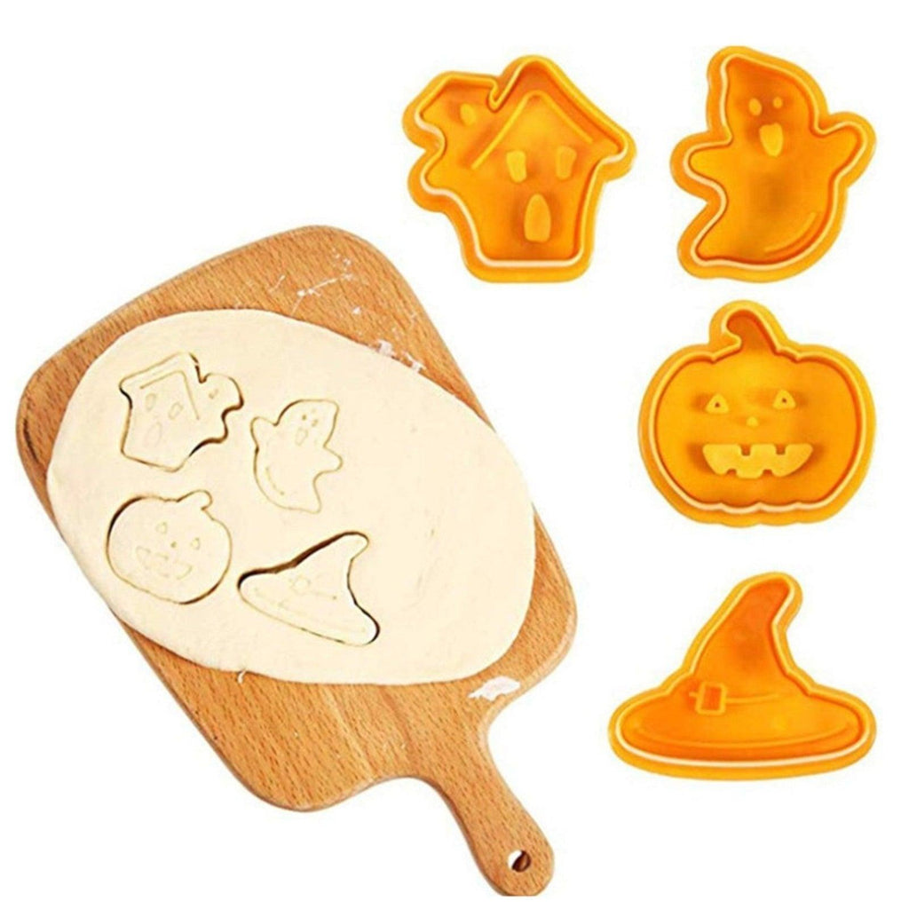 4pcs Halloween Cookie Plunger Cutter 3D Baking Mold Cookie Stamp Biscuit Mold Fondant Cake Decorating Tools Halloween Cookie Cutters Set Fondant Stamper Pastry Cutter Haunted House Hat Ghost Pumpkin Kitchen Molds Stevvex
