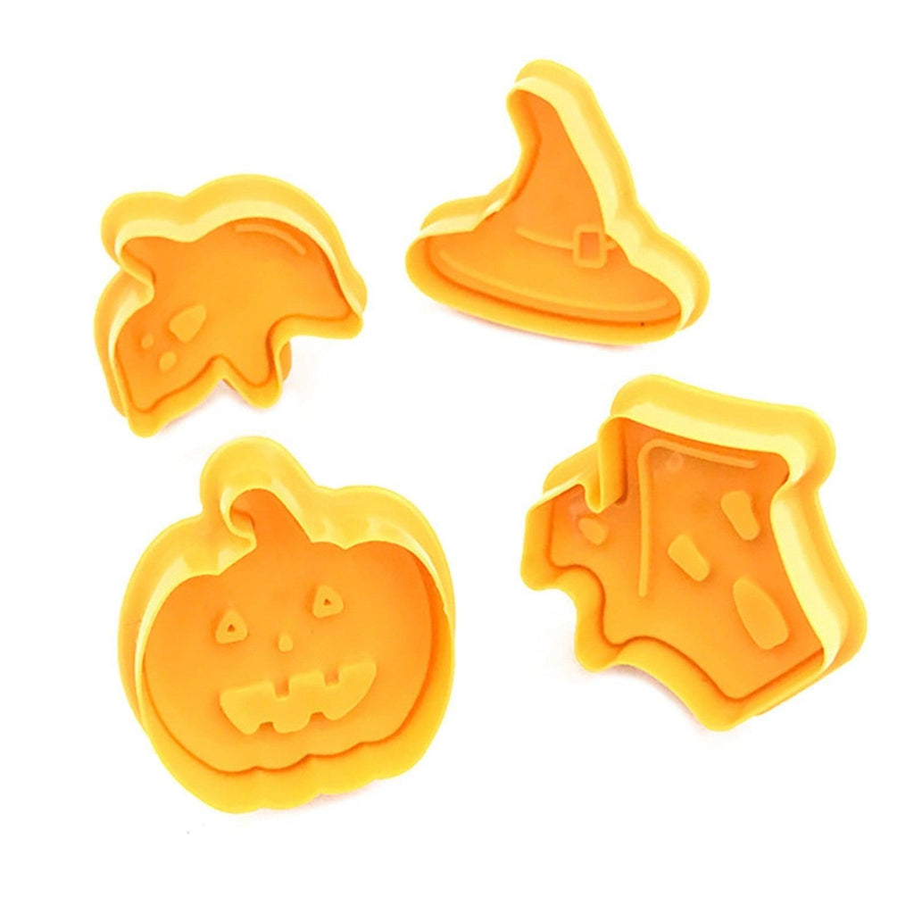 4pcs Halloween Cookie Plunger Cutter 3D Baking Mold Cookie Stamp Biscuit Mold Fondant Cake Decorating Tools Halloween Cookie Cutters Set Fondant Stamper Pastry Cutter Haunted House Hat Ghost Pumpkin Kitchen Molds Stevvex