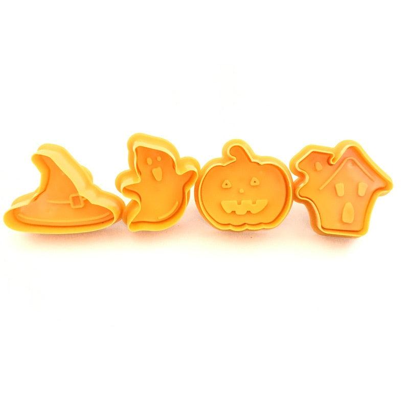 4Pcs/set Plastic Christmas Christmas Tree Halloween Pumpkin Ghost Theme Cookie Cutter Plunger Fondant Chocolate Mold Halloween Cookie Cutters Thanksgiving Fall Christmas Cookie Cutters Biscuit Mold 3D Mini Fondant Cookie Tools Stevvex