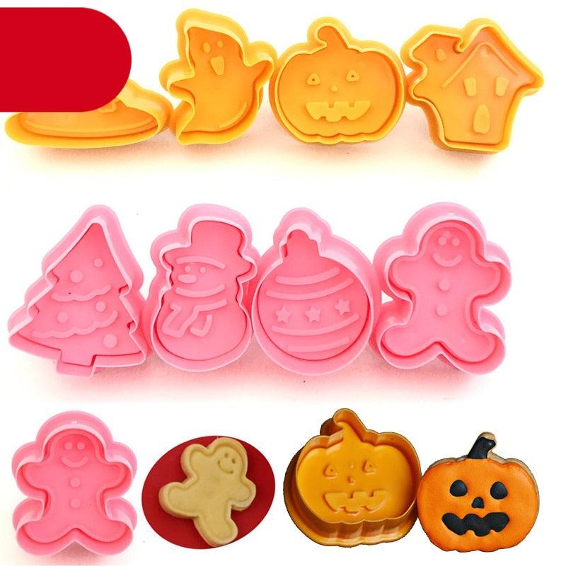 4Pcs/set Plastic Christmas Christmas Tree Halloween Pumpkin Ghost Theme Cookie Cutter Plunger Fondant Chocolate Mold Halloween Cookie Cutters Thanksgiving Fall Christmas Cookie Cutters Biscuit Mold 3D Mini Fondant Cookie Tools Stevvex