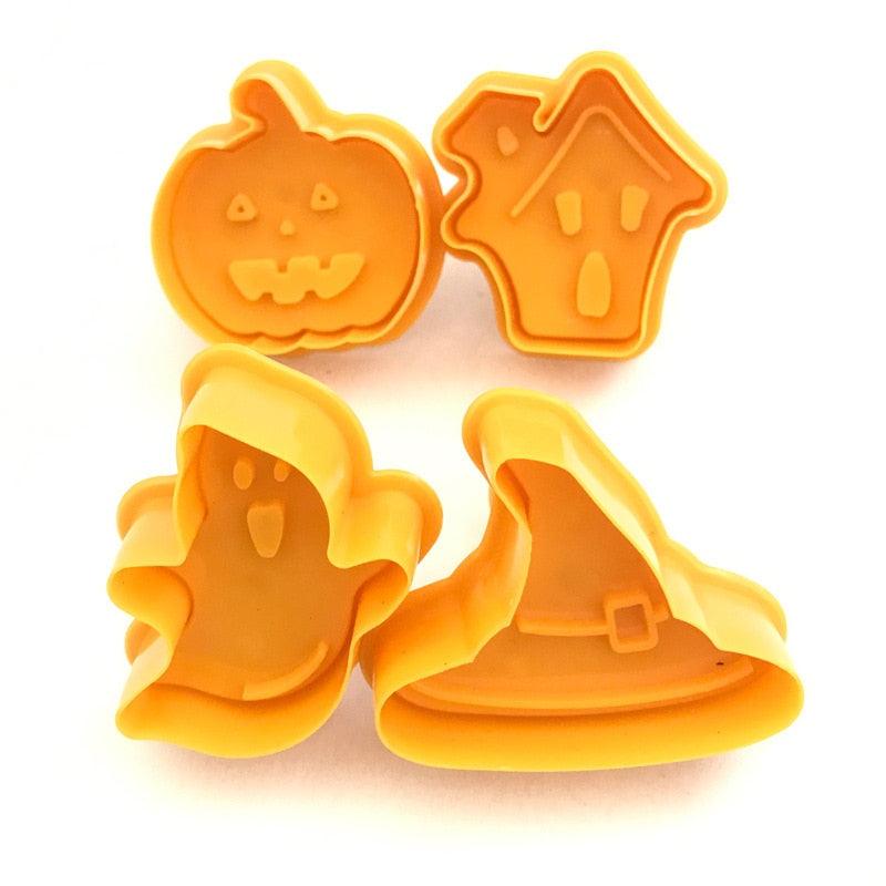 4Pcs/set Plastic Christmas Christmas Tree Halloween Pumpkin Ghost Theme Cookie Cutter Plunger Fondant Chocolate Mold Halloween Cookie Cutters Thanksgiving Fall Christmas Cookie Cutters Biscuit Mold 3D Mini Fondant Cookie Tools Stevvex