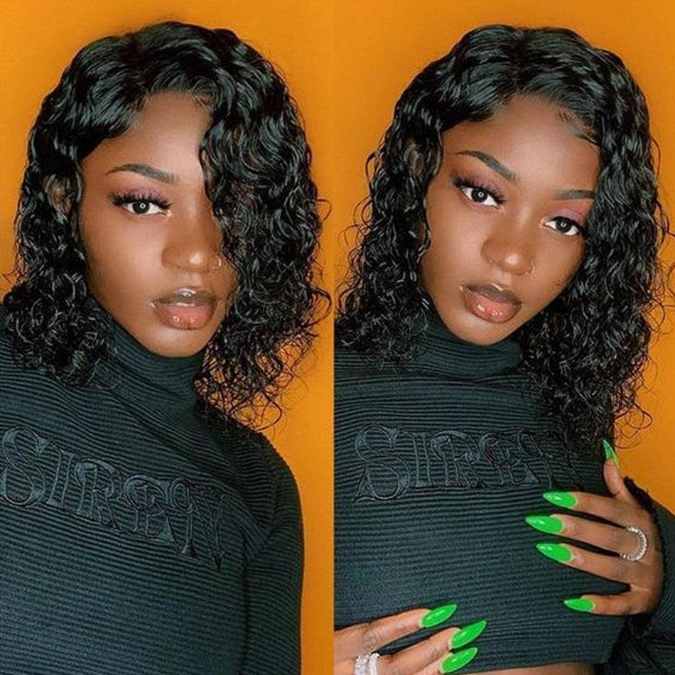 4X4 Water Wave Short Bob Wig 8-12Inches Best Human Hair Wigs For Black Woman Brazilian Pre Plucked Baby Hairs Jerry Curl Wigs Wigs For Black Women Gifts for Girlfriends Stevvex