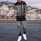 Men's Summer Tracksuit Stripe Print T-shirt Trousers Set Pi-Mart