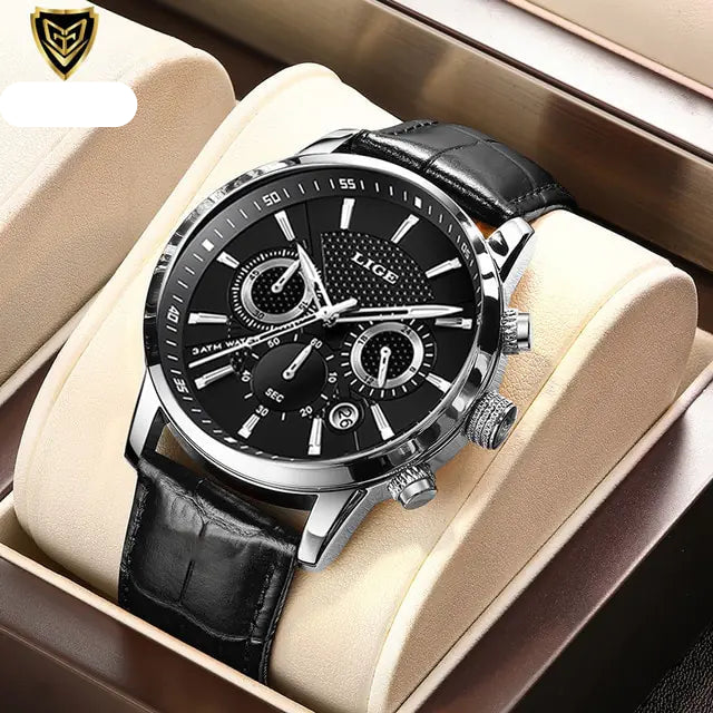 Mens Watches LIGE Top Brand Luxury Leather Casual Quartz