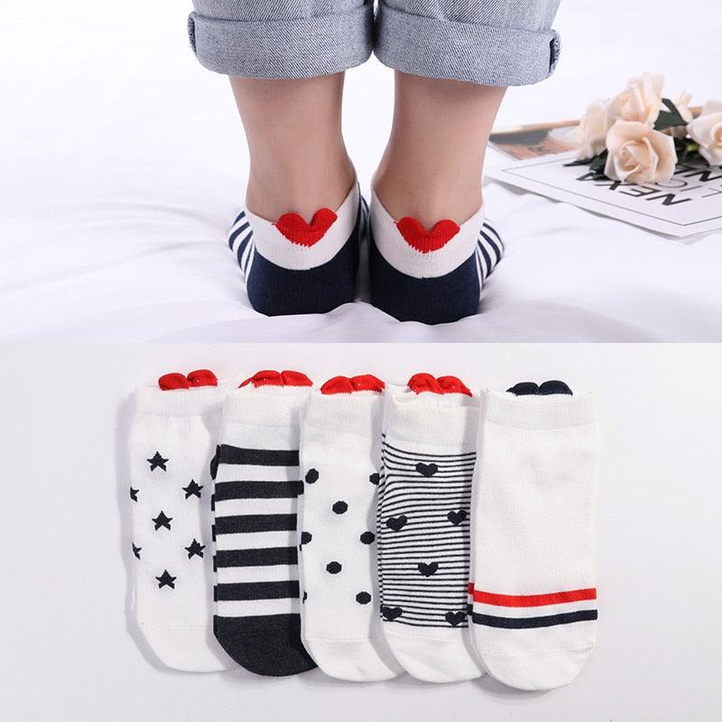 5 Pairs 3D Cartoon Harajuku Cat Cute Heart Invisible Cotton Socks Casual Boat Socks Funny Girl Ankle Sock Set for Women Stevvex
