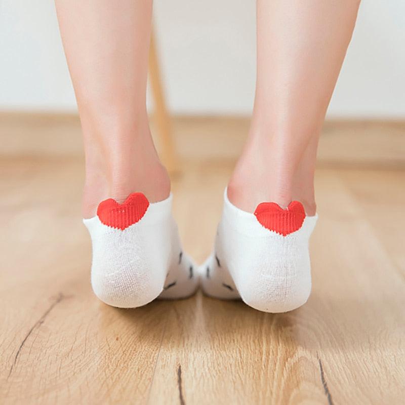 5 Pairs 3D Cartoon Harajuku Cat Cute Heart Invisible Cotton Socks Casual Boat Socks Funny Girl Ankle Sock Set for Women Stevvex