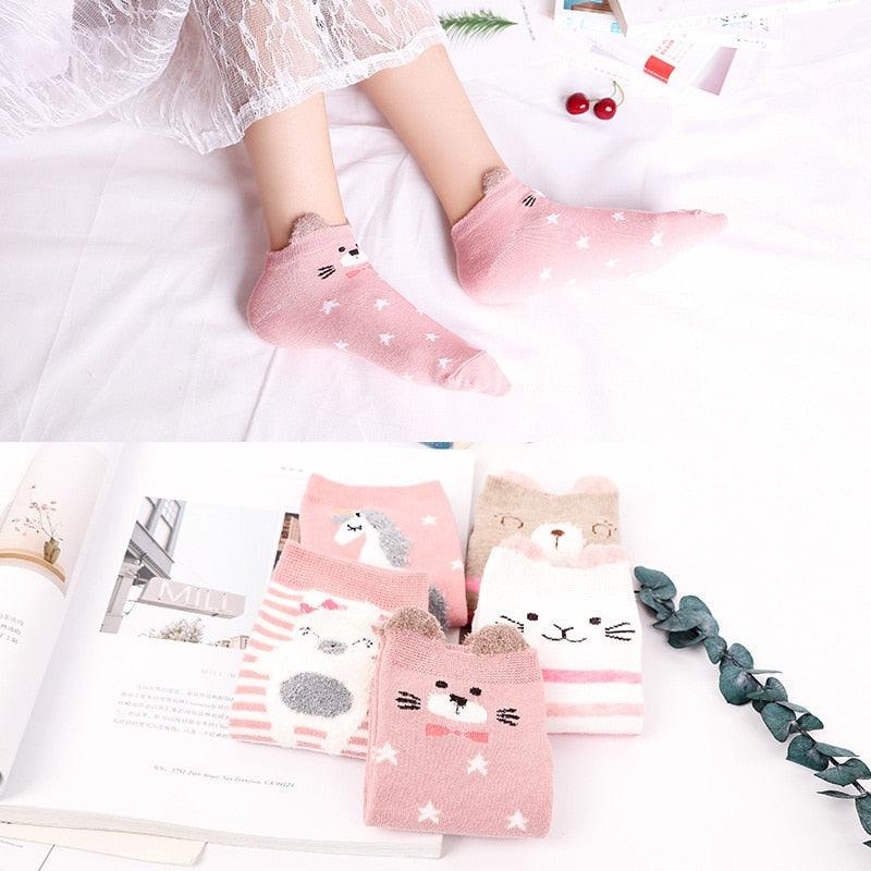 5 Pairs 3D Cartoon Harajuku Cat Cute Heart Invisible Cotton Socks Casual Boat Socks Funny Girl Ankle Sock Set for Women Stevvex