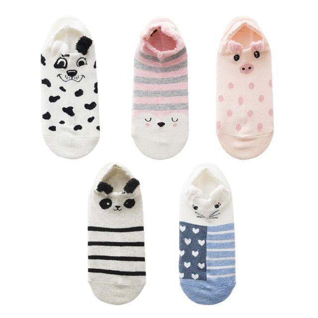 5 Pairs 3D Cartoon Harajuku Cat Cute Heart Invisible Cotton Socks Casual Boat Socks Funny Girl Ankle Sock Set for Women Stevvex