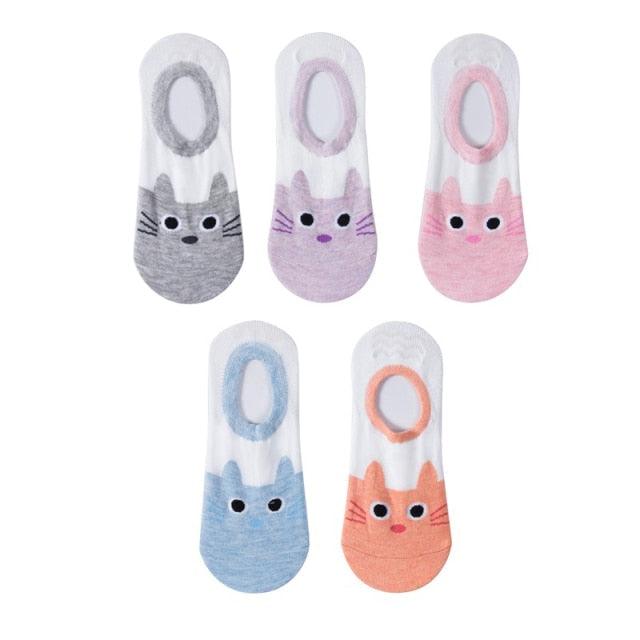 5 Pairs 3D Cartoon Harajuku Cat Cute Heart Invisible Cotton Socks Casual Boat Socks Funny Girl Ankle Sock Set for Women Stevvex