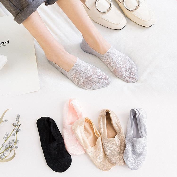 5 Pairs Fashion Women Girls Summer Socks 7 Color Style Lace Flower Short Sock Antiskid Invisible Ankle Socks For Women Stevvex
