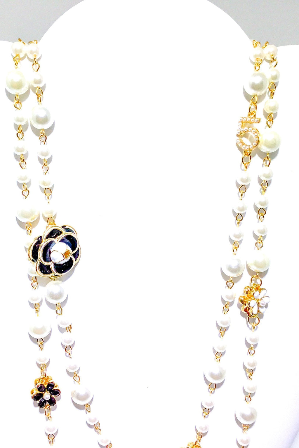 Double Strand Pearl Necklace With Gold Floral Accents