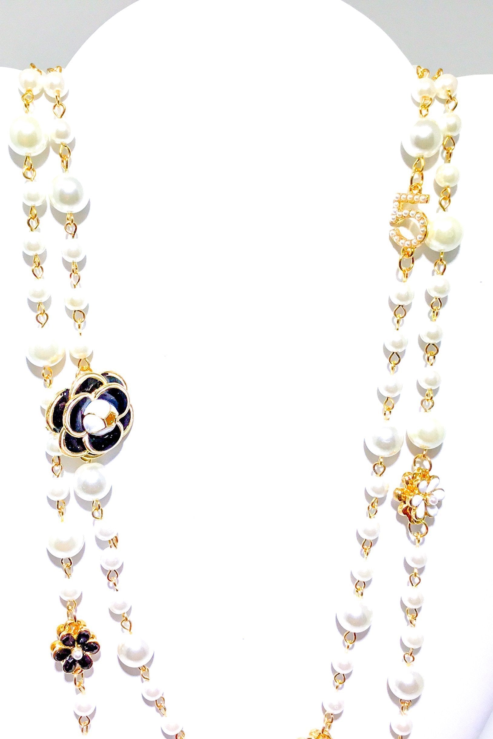 Double Strand Pearl Necklace With Gold Floral Accents