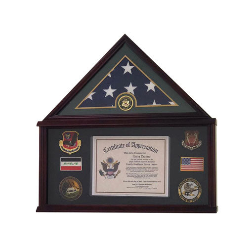 Flags Connections - Large Military Shadow Box Frame Memorial Burial Funeral Flag Display Case for 5x9 Flag, Solid Wood with Armed Forces Emblems. The Military Gift Store