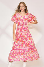 New Summer Floral Notched Puff Sleeve Midi Dress For Women – Fluttering, Elegant Floral Print Midi Dress with Trendy Notched Neckline and Puff Sleeves Stevvex