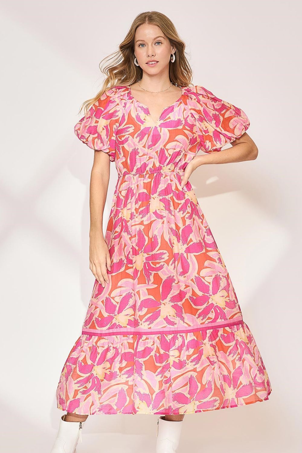 New Summer Floral Notched Puff Sleeve Midi Dress For Women – Fluttering, Elegant Floral Print Midi Dress with Trendy Notched Neckline and Puff Sleeves Stevvex