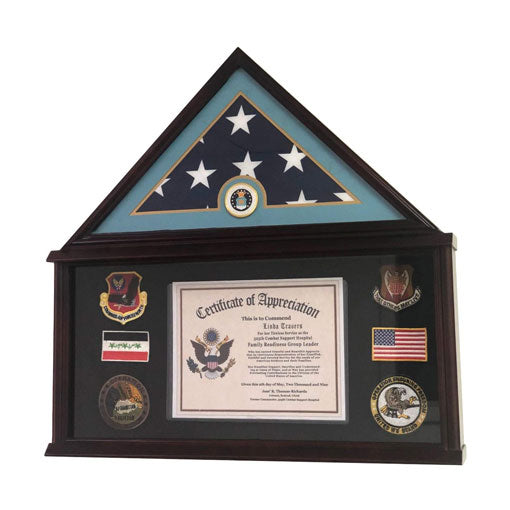 Large Military Shadow Box Frame Memorial Burial Funeral Flag Display Case for 5x9 Flag, Solid Wood (Mahogany) - Airforce. The Military Gift Store