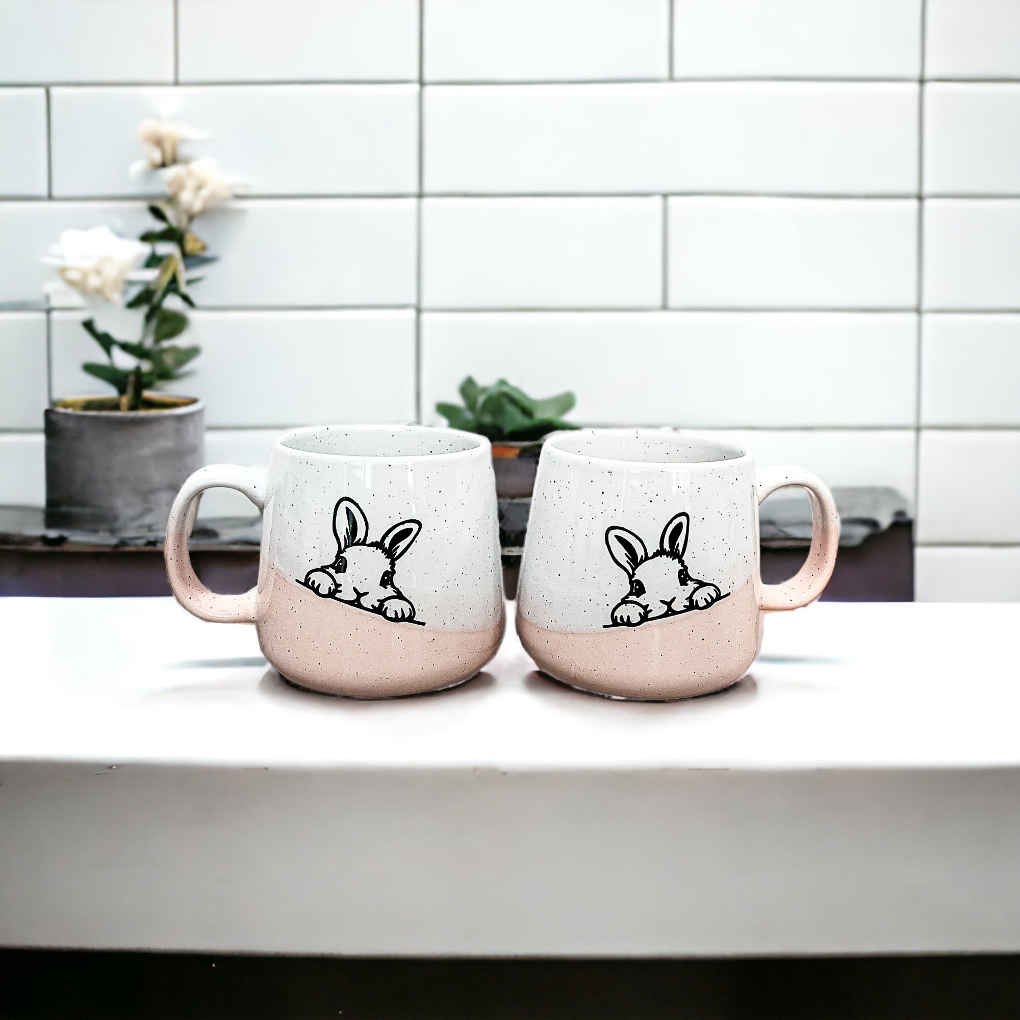 Farmhouse Ceramic Bunny Mug Hand-Painted Ivory With Pastel Pink Base, 12 Oz BandsCo Straps