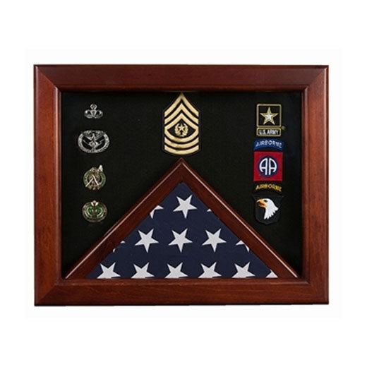 Military Flag medal display case, Mahogany wood for 3x5 flag available in blue or black. The Military Gift Store