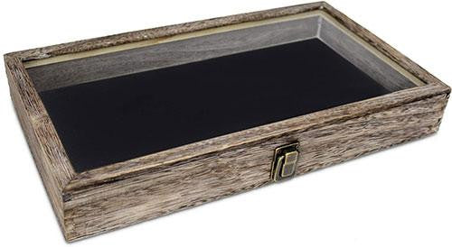 Flag Connection Wooden Jewelry Display case with Tempered Glass Top Lid, Coffee Color The Military Gift Store