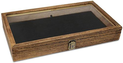 Flag Connection Wooden Jewelry Display case with Tempered Glass Top Lid, Brown Color The Military Gift Store