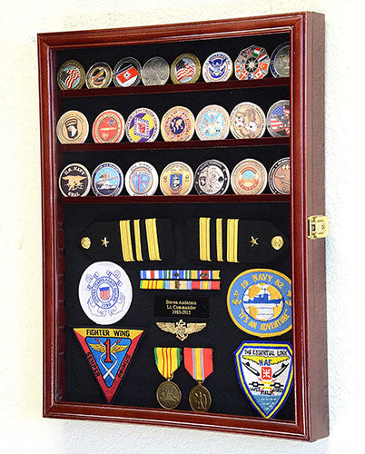 Challenge Coin/Medals/Pins/Badges/Ribbons/Insignia/Buttons Chips Combo Display Case Box Cabinet (Cherry Finish) The Military Gift Store
