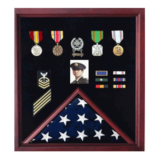 Flag Photo and Badge Display Case - Oak, Cherry, Walnut or Black Material. The Military Gift Store