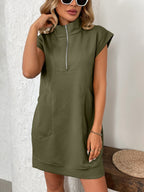 Retro Brown Half-Zip Cap Sleeve Mini Dress Classic & Vintage Design Dress For Girls