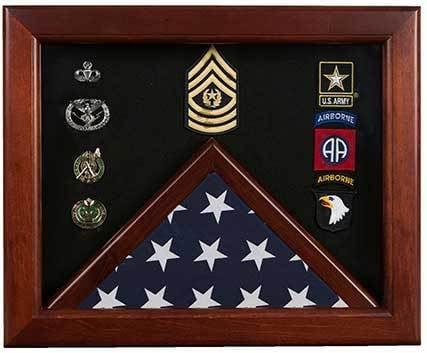 Military Flag medal display case, Mahogany wood for 3x5 flag, Felt available in blue or black The Military Gift Store