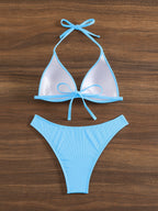Bikini Rib Knit Solid Color Triangle 2 Piece Swimsuit for Women – Adjustable Tie Back Halter Bikini Set with Spaghetti Straps – High Stretch Polyester Swimwear for Summer Beachwear Poolside Relaxation and Tropical Vacation
